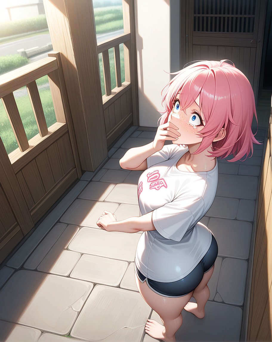 Crying Pink-Haired Anime Girl on Porch — AI Anime