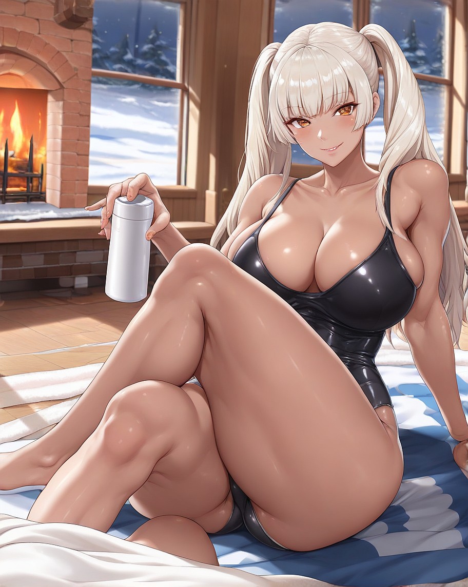 Ebony Anime Girl in Swimsuit by Fireplace — AI Hentai