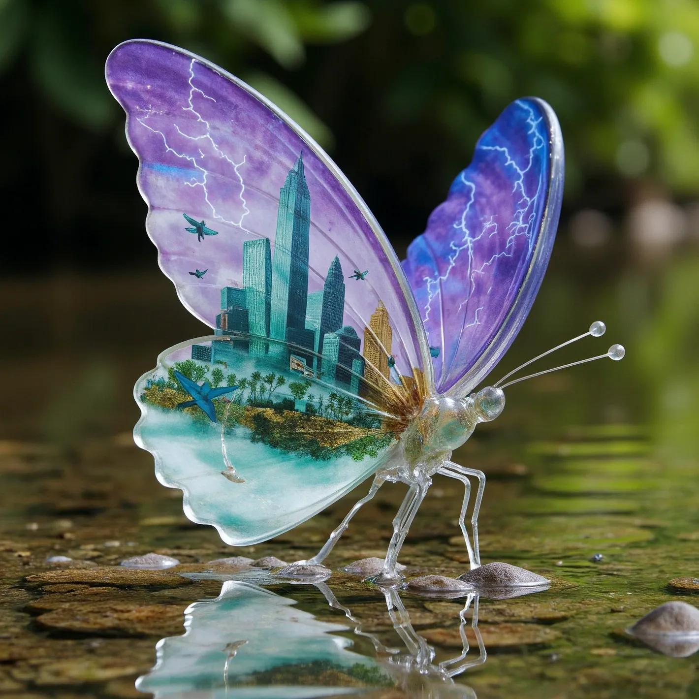 Glass Butterfly with City Ecosystem Over Stream — AI 3D Art
