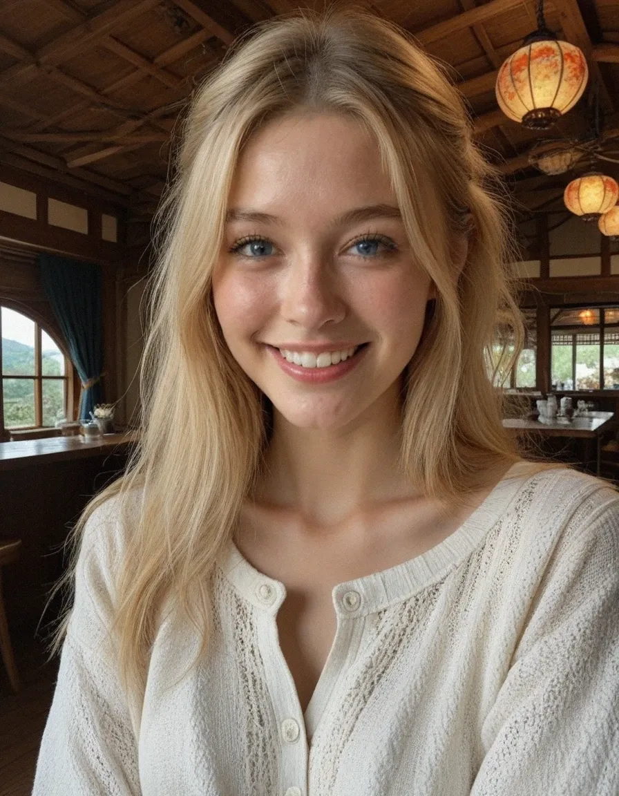Smiling Blonde Girl Portrait in Japan — AI Realistic