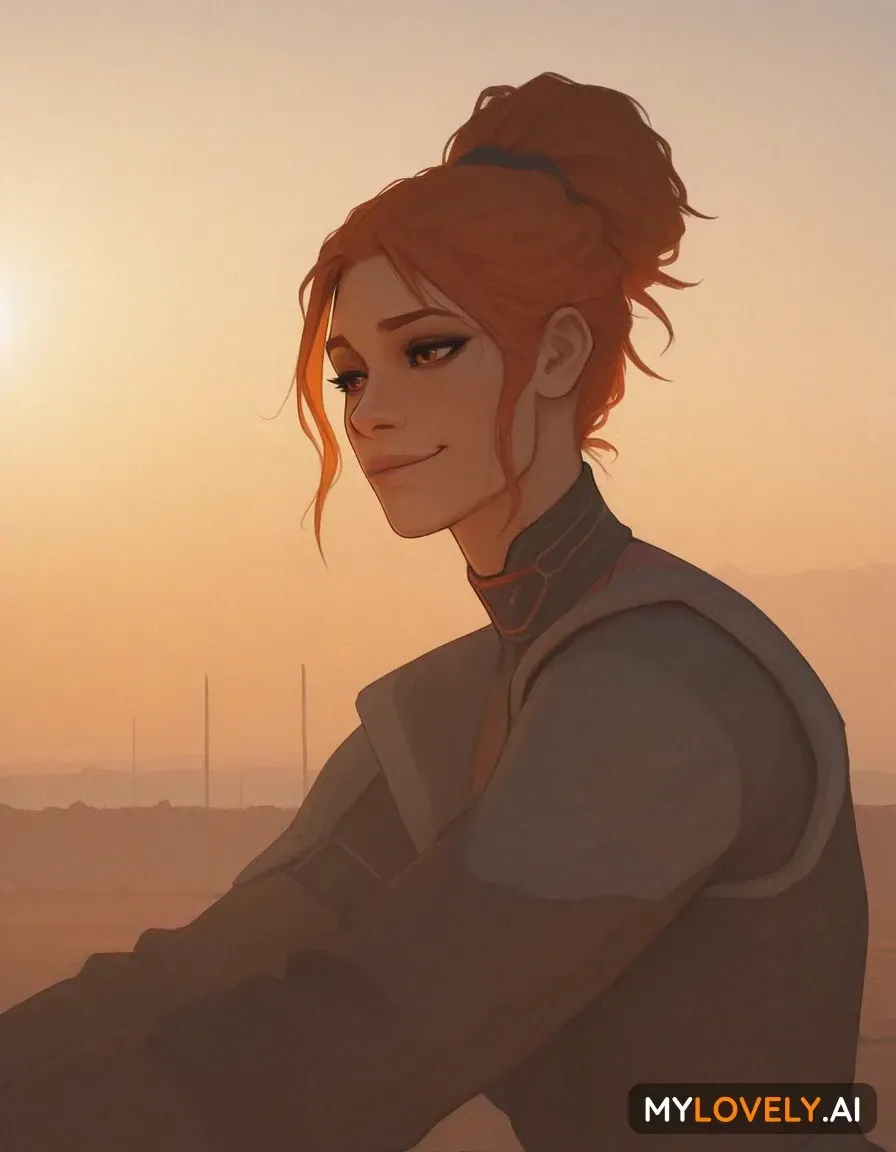 Redhead Woman Portrait at Sunset — AI Cartoon Style