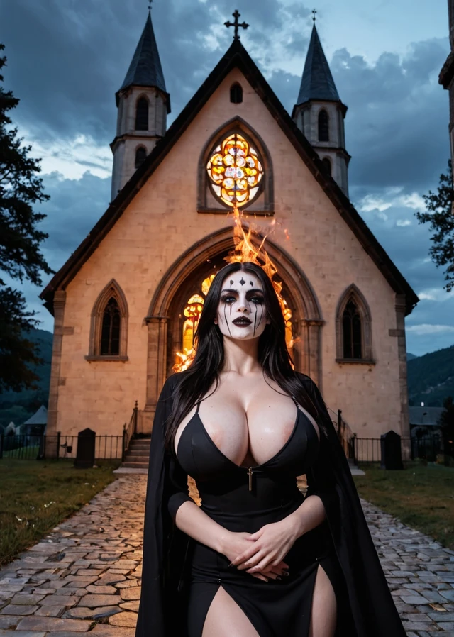 Busty Goth Woman Black Metal Burning Church — AI Realistic