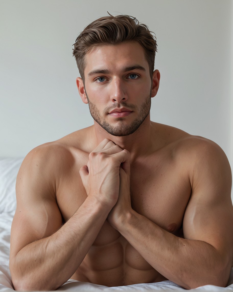 Muscular Brunette Man Shirtless in Bed — AI Realistic