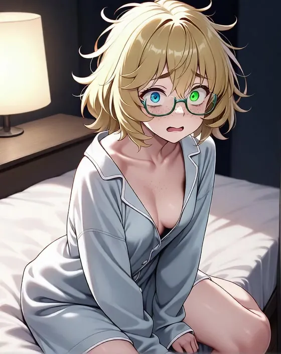Scared Blonde Anime Girl in Pajamas on Bed — AI Anime