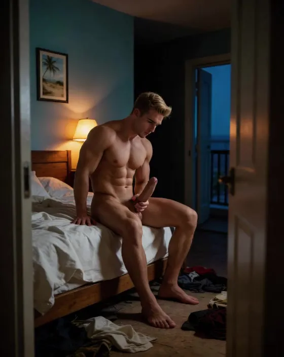 Nude Blonde Muscular Man Masturbating in Bedroom — AI Realistic