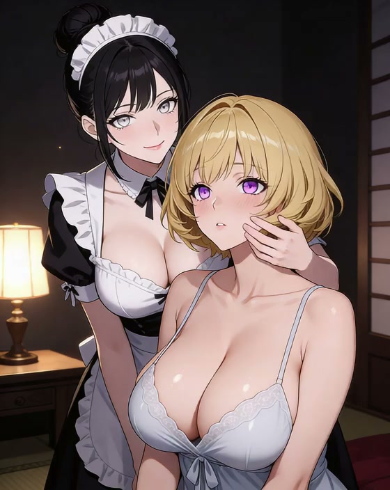 Anime Maid Kisses Blonde in Lingerie — Lesbian AI Video
