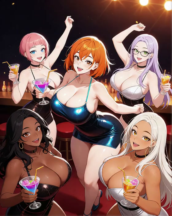 Busty Anime Girls Group Dancing With Drinks — AI Anime