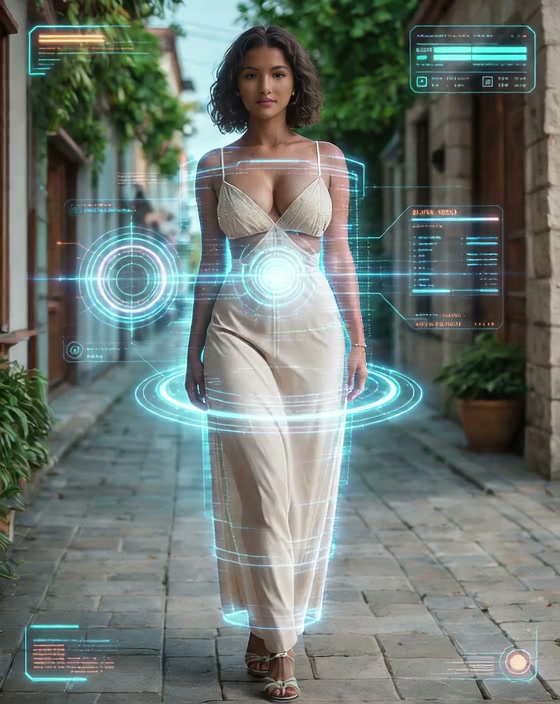 Curvy Woman Walking Outdoors with Holographic HUD — AI Realistic