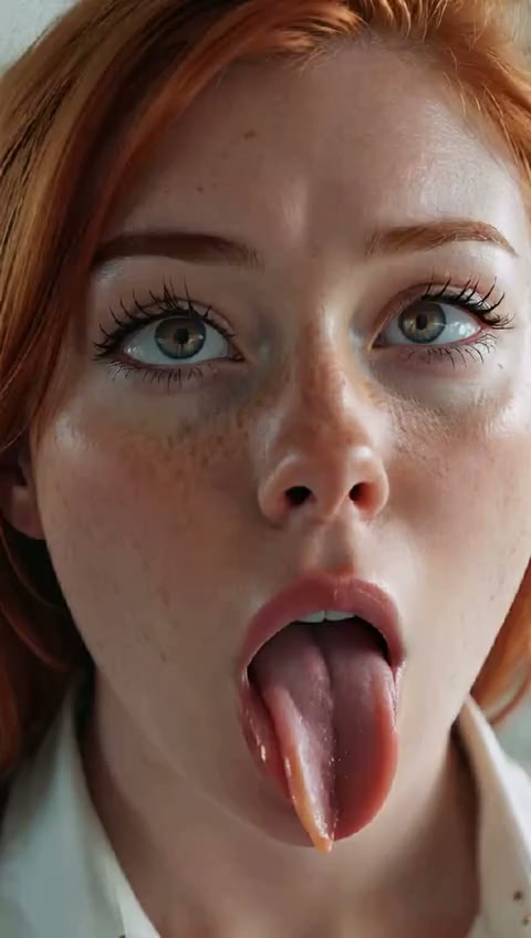 Nerdy Redhead Freckles Tongue Out Close-Up — AI Realistic